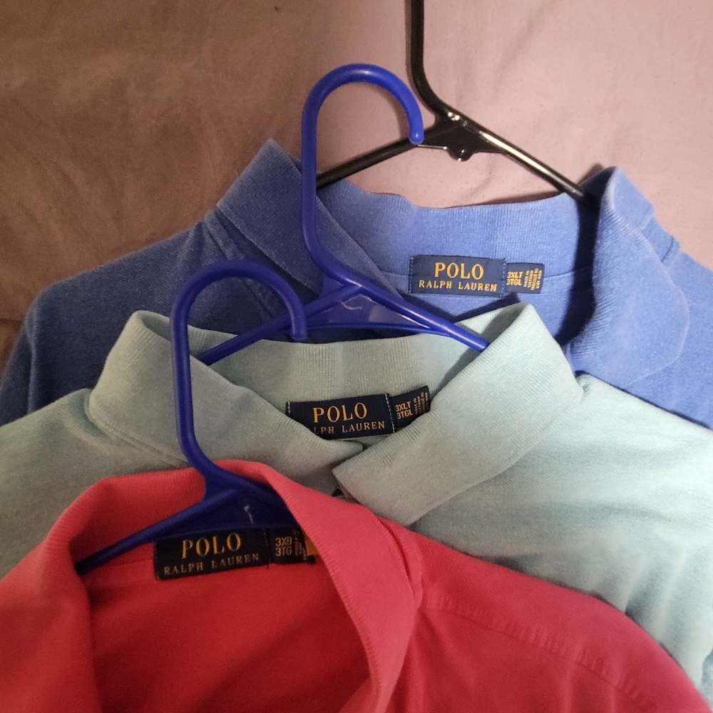 LOT -Three Ralph Lauren Polo Shirts in Blue, Pink, and Light Blue